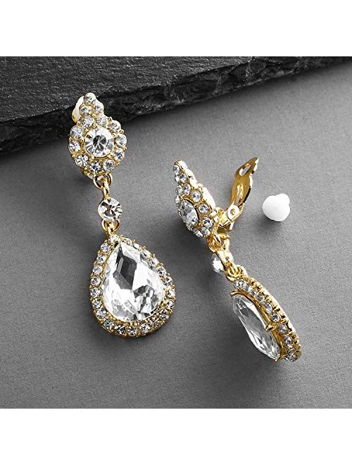 Mariell Gold Clip-On Earrings with Austrian Crystal Teardrop Dangles - Prom & Bridal Chandelier Clip Ons