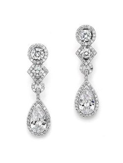 Mariell CZ Clip-On Earrings with Pear Dangles. Drop Style Silver Bridal Clip Earrings for Weddings!