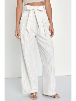 Essential Aura Ivory and Beige Striped Wide Leg Linen Pants