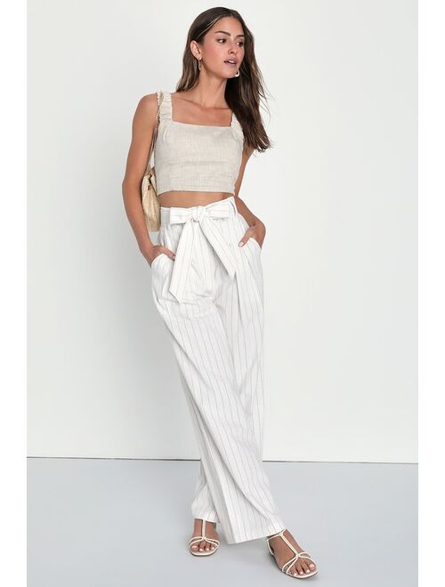 Lulus Essential Aura Ivory and Beige Striped Wide Leg Linen Pants