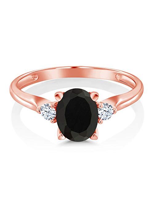 Gem Stone King 10K Rose Gold Oval Black Onyx and White Created Sapphire 3 Stone Engagement Ring For Women (1.35 Cttw, Gemstone Birthstone, Available In Size 5, 6, 7, 8, 9