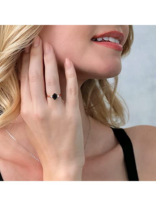 Gem Stone King 10K Rose Gold Oval Black Onyx and White Created Sapphire 3 Stone Engagement Ring For Women (1.35 Cttw, Gemstone Birthstone, Available In Size 5, 6, 7, 8, 9
