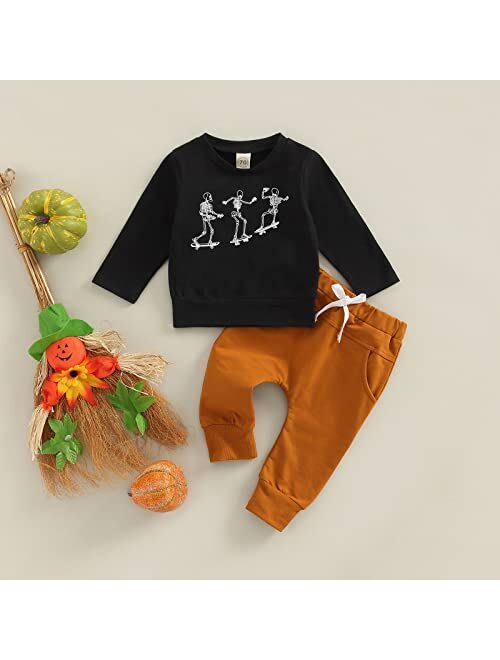 Adobabirl Baby Boy Halloween Outfit Letter/Skeleton Print Sweatshirt and Sweatpants Set Cute Fall Halloween Clothes