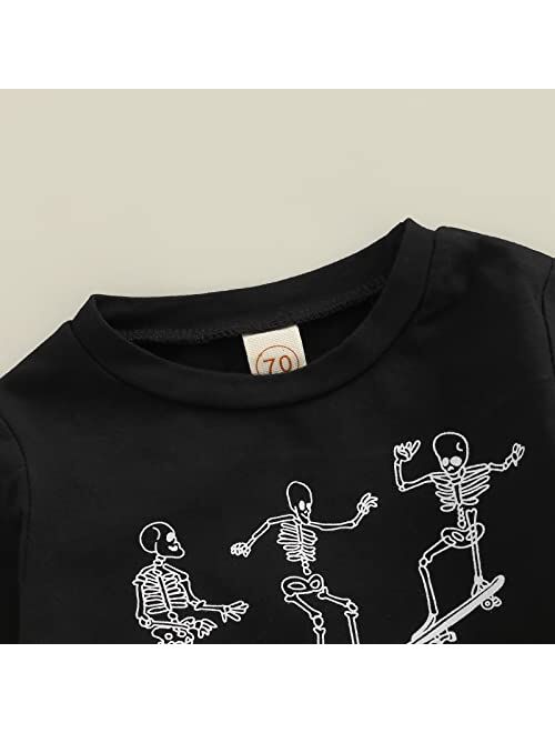 Adobabirl Baby Boy Halloween Outfit Letter/Skeleton Print Sweatshirt and Sweatpants Set Cute Fall Halloween Clothes