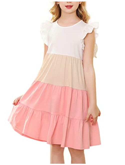 KISSOURBABY Girl's Summer Dresses Cotton Ruffled Sleeves Tiered Swing Sundress with Pockets