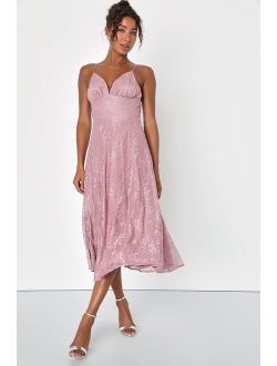 Dazzling Cutie Mauve Pink Glitter Lace Sleeveless Midi Dress