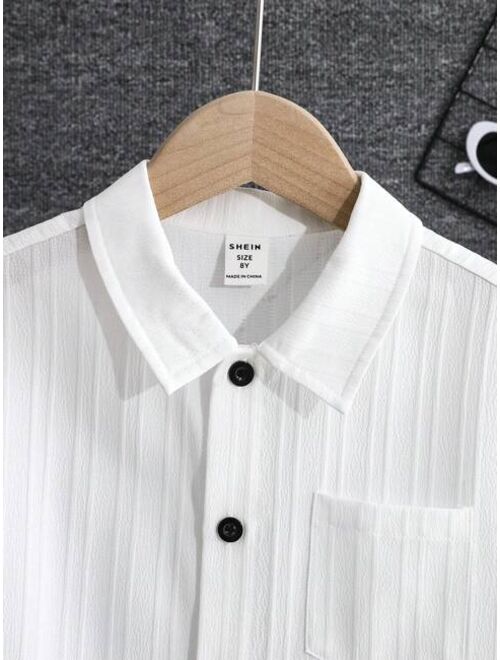 SHEIN Boys' Solid Color White Casual Basic Pocket Spring Autumn Winter Turn-down Collar Shirt