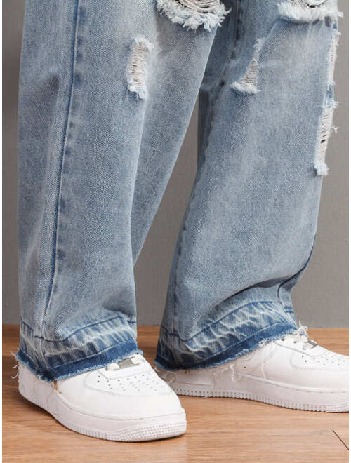 Manfinity EMRG Men Cotton Ripped Raw Cut Straight Leg Jeans