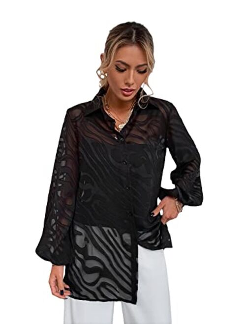 MakeMeChic Women's Sheer Blouse Lantern Sleeve See Through Button Down Shirt Top