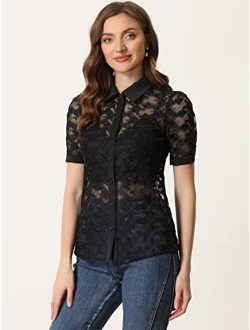 Floral Lace Shirt for Women's 2023 Short Sleeve Semi Sheer Button Down Blouse