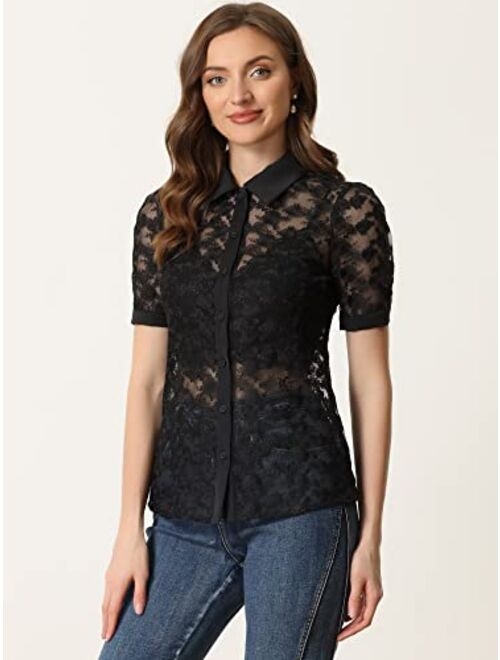 Allegra K Floral Lace Shirt for Women's 2023 Short Sleeve Semi Sheer Button Down Blouse