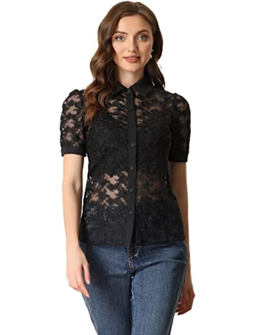 Allegra K Floral Lace Shirt for Women's 2023 Short Sleeve Semi Sheer Button Down Blouse