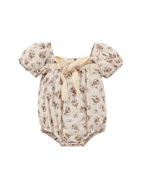 Kupretty Newborn Infant Baby Girl Summer Clothes Vintage Floral Romper Square Neck Short Sleeve Bodysuit Jumpsuit