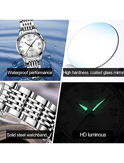 OLEVS Womens Automatic Watches Self Winding Stainless Steel Mechanical Diamond Ladies Watches Luminous Waterproof Wrist Watch for Women
