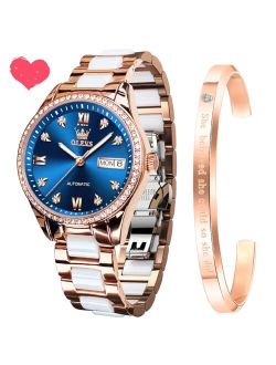 Automatic Watches for Women Mechanical Diamond Love Heart Dial Rose Gold Ceramic Band Waterproof Luminous Date Ladies Watches