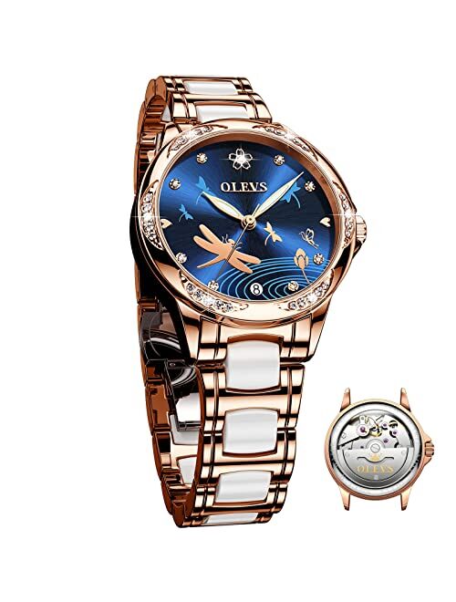 OLEVS Women's Elegant Automatic Watch, Classy Large Face Self Winding Diamond Waterproof Watches, Two-Tone Stainless Steel Ceramic Band