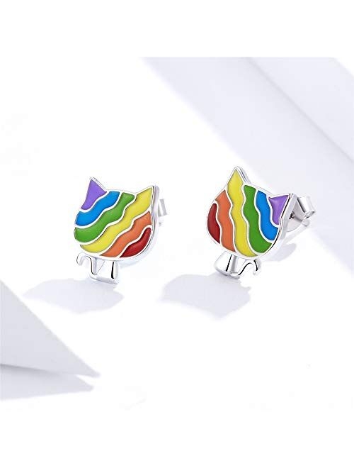 Dtja Cute Rainbow Cat Stud Earrings for Women Girls 925 Sterling Silver White Gold Plated Small Animal Pet Studs Tragus Post Hypoallergenic LGBT Pride BFF Jewelry Gifts