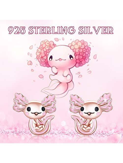 Aututer 925 Sterling Silver Axolotl Earrings White Gold/Rose Gold Axolotl Jewelry for Women Girls Pink/Blue Axolotl Gifts