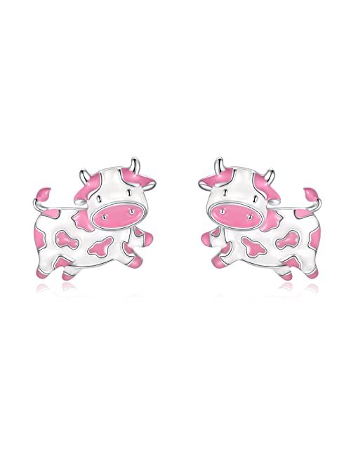 Hongzhuan Jewelry Strawberry Cow Earrings Stud Hypoallergenic 925 Sterling Silver Pink Cow Print Earrings for Women Girls Cute Animal Jewelry Gifts Birthday