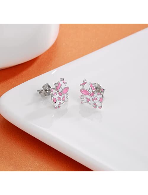 Hongzhuan Jewelry Strawberry Cow Earrings Stud Hypoallergenic 925 Sterling Silver Pink Cow Print Earrings for Women Girls Cute Animal Jewelry Gifts Birthday