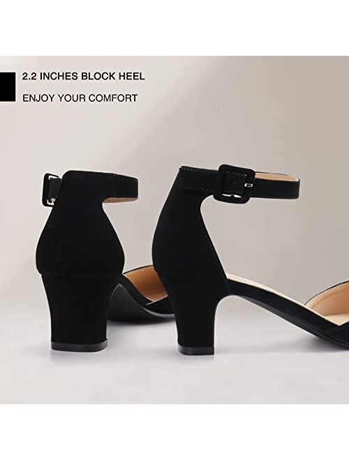 JABASIC Women Pointed Toe Low Chunky Heels Pump Shoes Closed Toe Ankle Strap Heeled Sandals