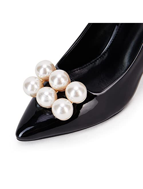 Coutgo Womens Chunky Heels Pearl Pumps Pointed Closed Toe Slip On Cute Party Evening Dress Shoes