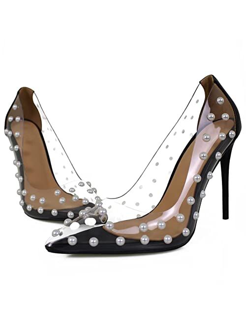 iadore Women's Pumps,11cm Pointed Toe Women High Heel Shoes Fashion Pearl Studded PVC Clear Heels Party Dress Pump Shoes