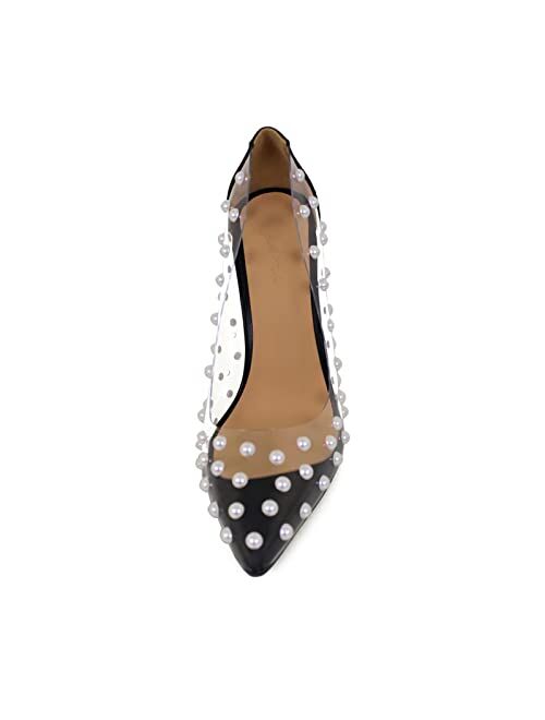 iadore Women's Pumps,11cm Pointed Toe Women High Heel Shoes Fashion Pearl Studded PVC Clear Heels Party Dress Pump Shoes