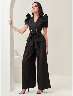 SHEIN Modely Puff Sleeve Belted Blouse & Wide Leg Pants