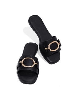 Coutgo Womens Square Toe Dressy Summer Slide Sandals Flat Low Heel Big Metal Chain Slip On Party Slippers Shoes