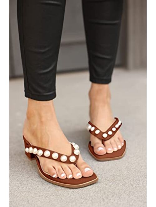 Coutgo Womens Chunky Heel Flip Flops Pearl Sandals Square Toe Mules Slip On Slides Slippers