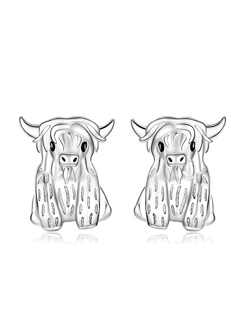Everu Cow Earrings for Women, 925 Sterling Silver Highland Cow Earrings for Girls, Animal Earrings Jewelry