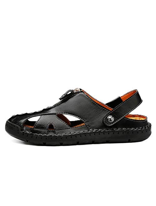 JAMONWU Men's Casual Closed Toe Adjustable Leather Sandals Handmade Fisherman Beach Sandals