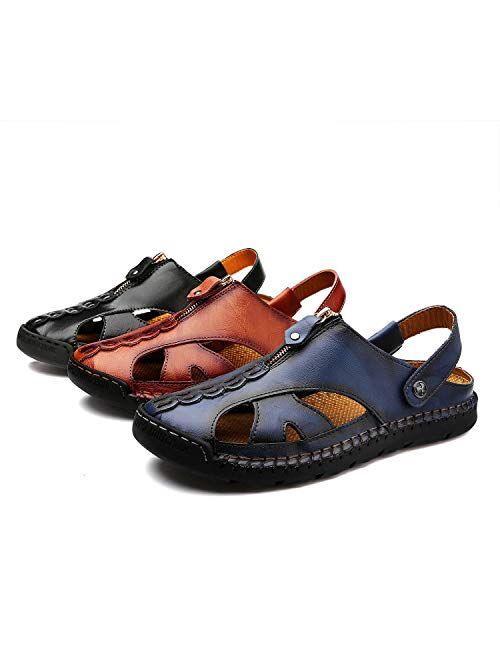 JAMONWU Men's Casual Closed Toe Adjustable Leather Sandals Handmade Fisherman Beach Sandals