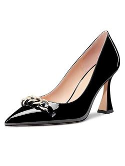 Castamere Women High Heel Chunky Block Pointed Toe Pumps Slip-on Party Dress 3.3 Inches Heels