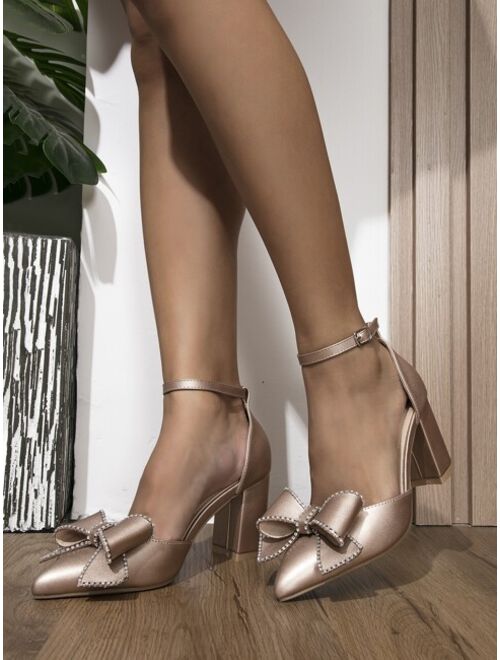 Shein Bow Decor Point Toe Chunky Heeled Ankle Strap Pumps