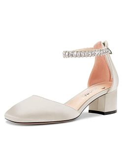 Castamere Women Chunky Block Mid Heel Square Toe Pumps Ankle Strap Diamond Crystal Wedding Party Sexy Dress 2.0 Inches Heels