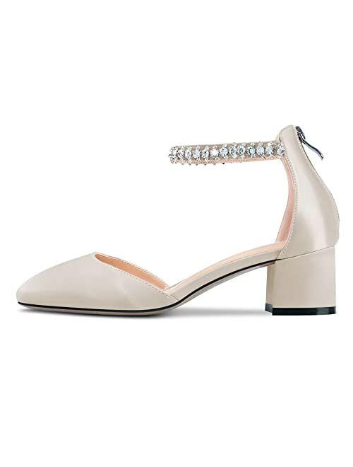 Castamere Women Chunky Block Mid Heel Square Toe Pumps Ankle Strap Diamond Crystal Wedding Party Sexy Dress 2.0 Inches Heels