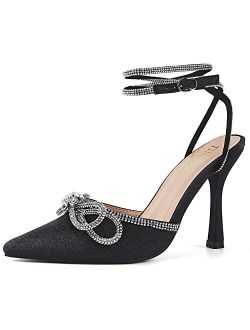 TINSTREE Women's Rhinestone Ankle Strap Heeled Sandals Pointy Toe Stilettos High Heels Pumps Lace Up Sparkling Wedding Bridal Dress Shoes