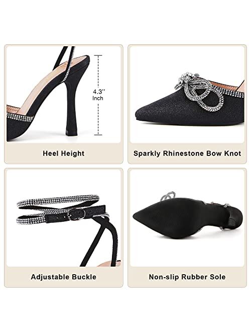 TINSTREE Women's Rhinestone Ankle Strap Heeled Sandals Pointy Toe Stilettos High Heels Pumps Lace Up Sparkling Wedding Bridal Dress Shoes