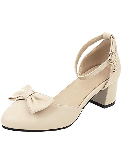 MAVMAX Women's Ankle Strap Mid Block Chunky Heel Pumps with Bow