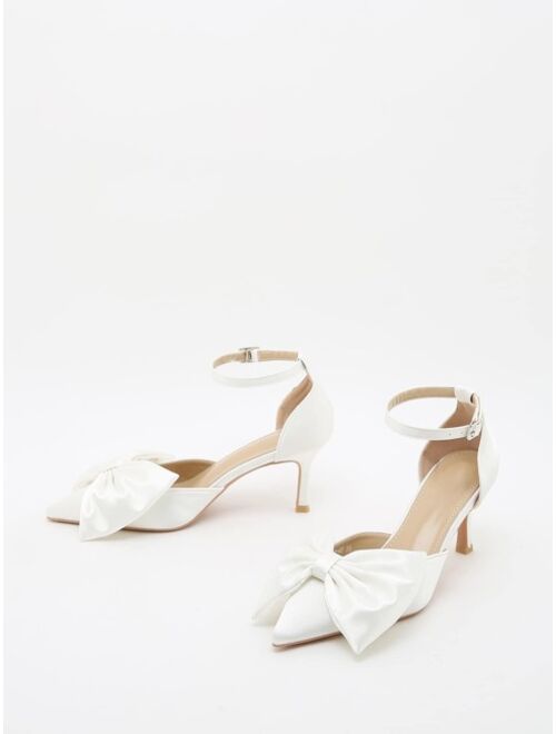 Shein Bow Decor Point Toe Stiletto Heeled Ankle Strap Pumps