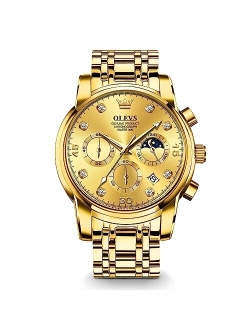 Men's Watch, Big Face Gold Silver Tone Stainless Steel Chronograph Watch with Date, Luxury Waterproof Moon Phases Diamond Dial Analog Quartz Dress Watches for Men
