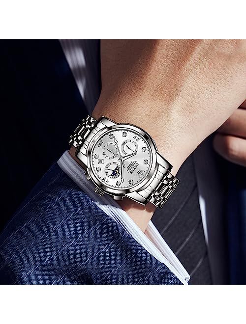 OLEVS Men's Watch, Big Face Gold Silver Tone Stainless Steel Chronograph Watch with Date, Luxury Waterproof Moon Phases Diamond Dial Analog Quartz Dress Watches for Men