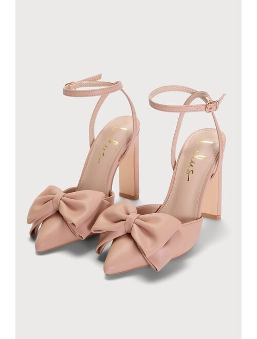Lulus Penson Light Nude Bow Pointed-Toe Ankle Strap Pumps