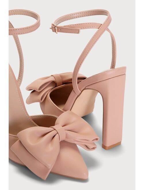 Lulus Penson Light Nude Bow Pointed-Toe Ankle Strap Pumps