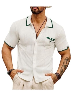 Men's Casual Short Sleeve Polo Sweater Vintage Contrast Button Knitwear