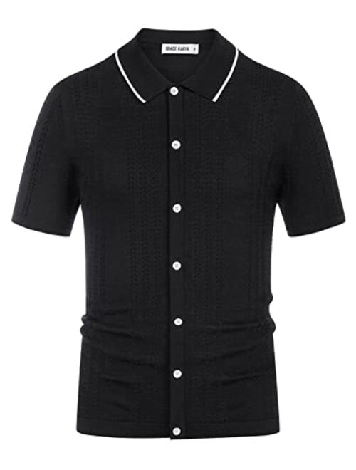 GRACE KARIN Men's Breathable Knit Polo Shirt Hollow Out Bowling Button Shirts