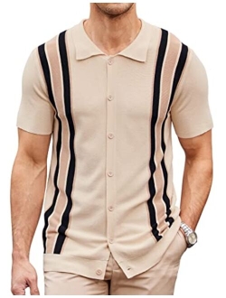 Men's Short Sleeve Knit Shirt Vintage Stripe Button Down Golf Polo Shirts