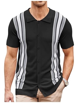 Men's Short Sleeve Knit Shirt Vintage Stripe Button Down Golf Polo Shirts